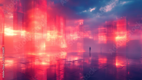 A lone figure walks through a futuristic cityscape bathed in warm, neon light, with a misty atmosphere and reflections on the ground.