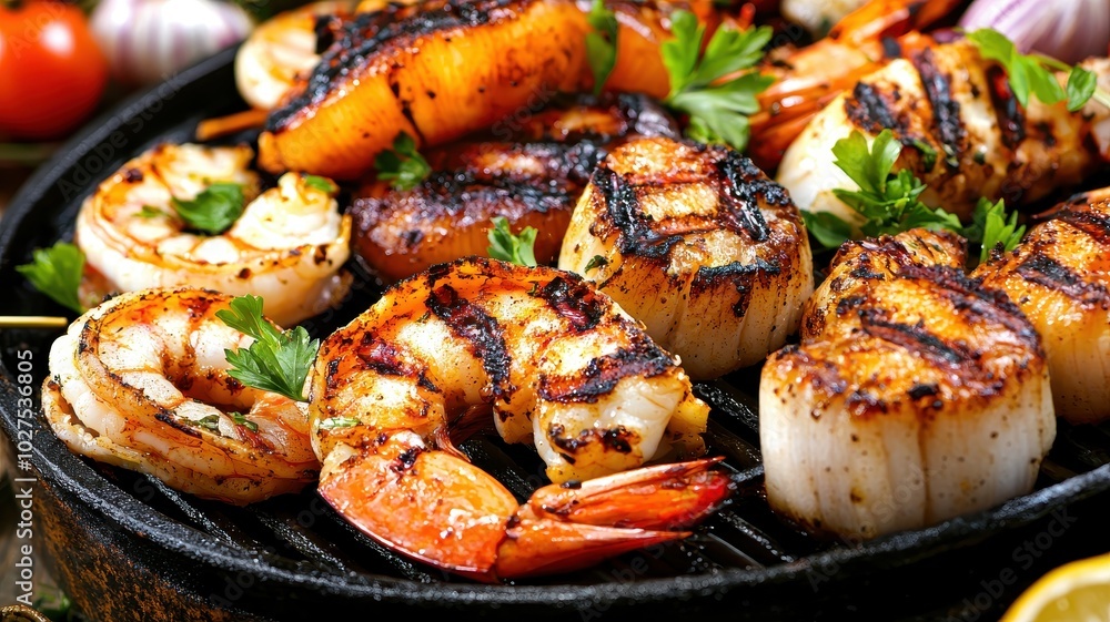Grilled seafood platter featuring shrimp, scallops, and garnished with herbs. Grilled seafood platter featuring shrimp, scallops, and garnished with herbs.