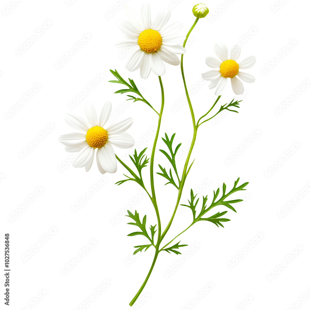 Chamomile Flowers with Stems and Leaves Isolated on a Transparent Background Chamomile Flowers with Stems and Leaves Isolated on a Transparent Background
