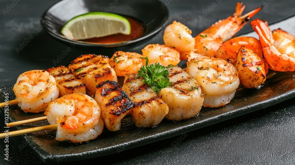 Grilled seafood skewers with shrimp and scallops on a black plate. Grilled seafood skewers with shrimp and scallops on a black plate.