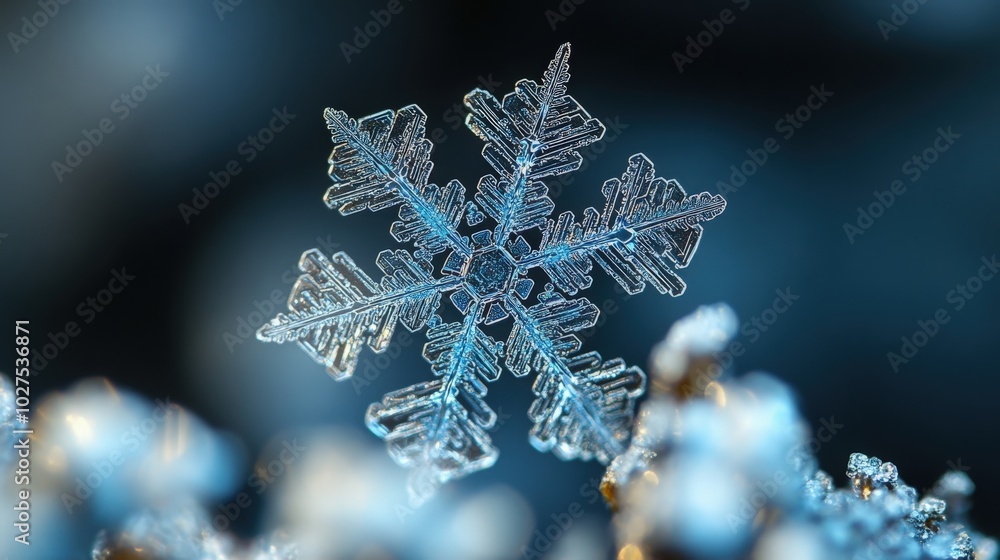 Intricate snowflake resting on icy surface during winter's quiet embrace Intricate snowflake resting on icy surface during winter's quiet embrace