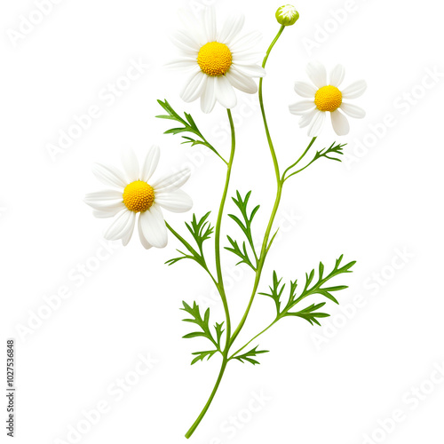 Chamomile Flowers with Stems and Leaves Isolated on a Transparent Background