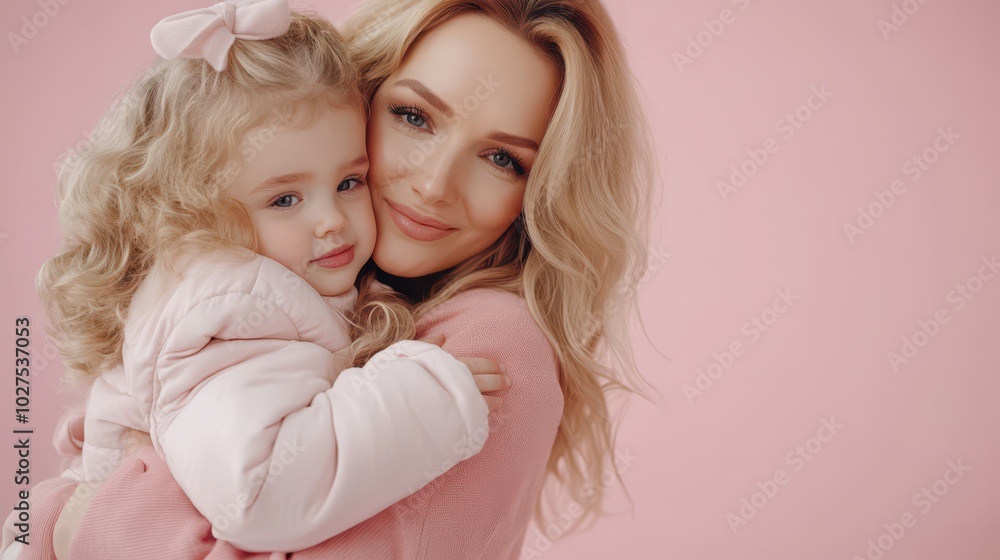 A loving mother hugs her daughter, creating a warm moment against a soft pink pastel background A loving mother hugs her daughter, creating a warm moment against a soft pink pastel background