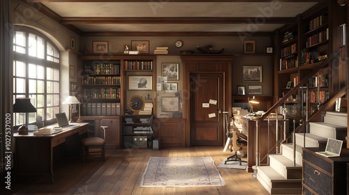 a vintage library interior with bookshelves.