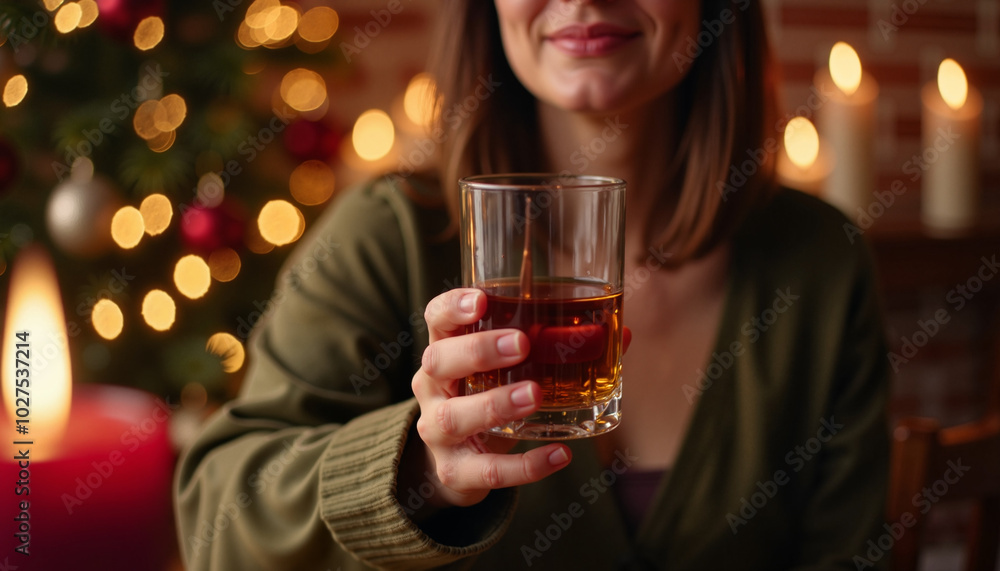 Happy woman holding a glass of whiskey in a festive Christmas setting Happy woman holding a glass of whiskey in a festive Christmas setting