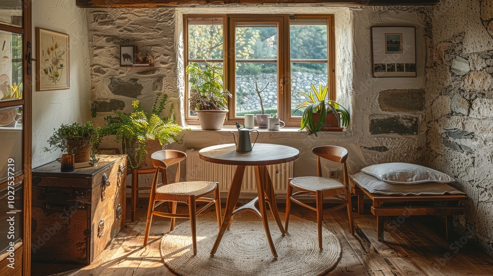 Obraz premium Cozy modern room featuring wooden furniture, a small round table and chairs, a wooden bed, and natural stone walls, with warm lighting and colorful decor, overlooking a rural landscape.