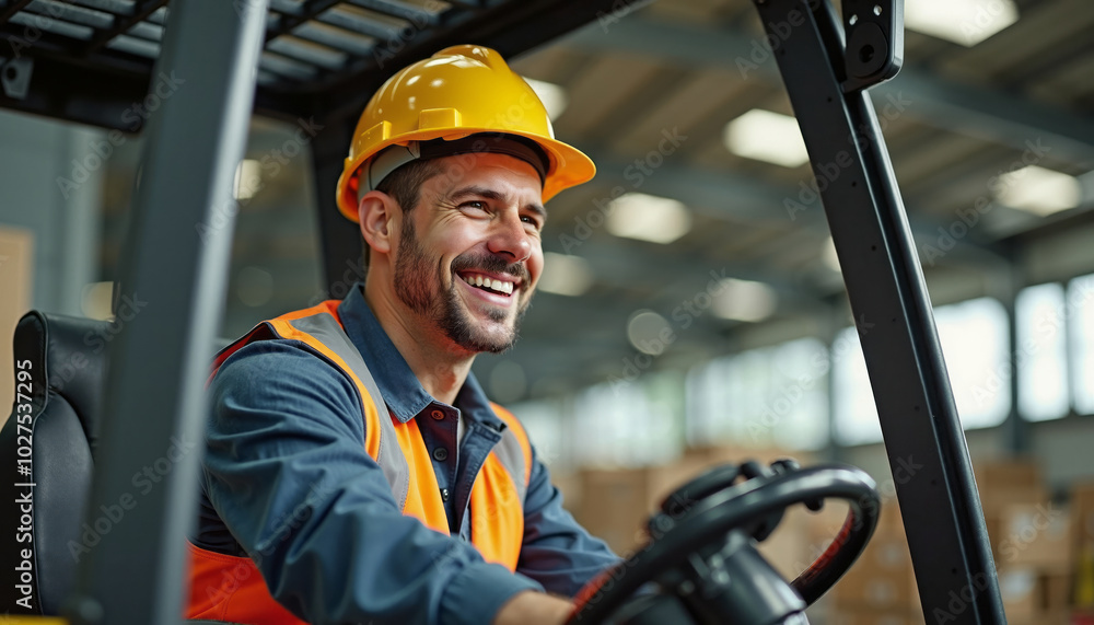 Male construction worker in uniform and hard hat, smiling while operating a forklift in an industrial warehouse. Perfect for construction, safety, or industrial themes. Male construction worker in uniform and hard hat, smiling while operating a forklift in an industrial warehouse. Perfect for construction, safety, or industrial themes.