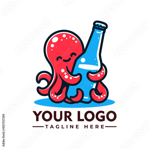 Red octopus hugging beer vector logo bottle octopus wrapping its tentacles around a beer bottle, perfect for quirky and unique bar or brewery designs.