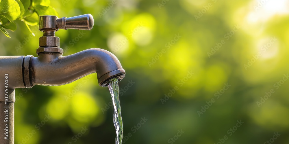 An outdoor garden faucet tap releases a gentle stream of water against a blurred green background, symbolizing freshness, renewal, and sustainability in gardening. An outdoor garden faucet tap releases a gentle stream of water against a blurred green background, symbolizing freshness, renewal, and sustainability in gardening.