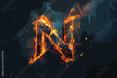 Fire letter N of burning flame. Flaming burn font or bonfire alphabet text with sizzling smoke and fiery or blazing shining heat effect. Incandescent hot red fire