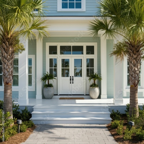 Main entrance door. White front door with porch. Exterior of georgian style home cottage house with columns.