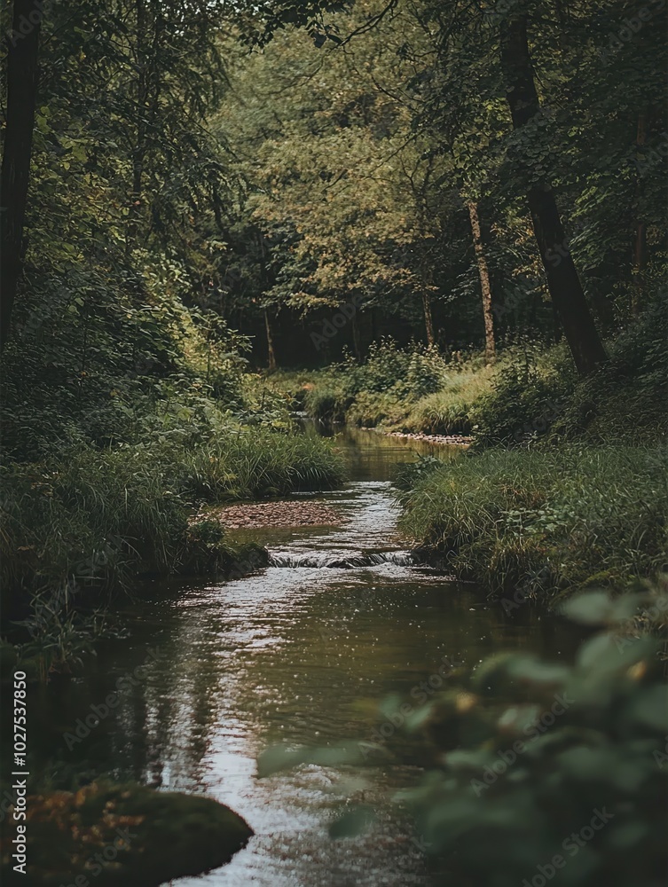 Naklejka premium A serene forest stream winding through lush greenery, reflecting nature's beauty in tranquil waters.