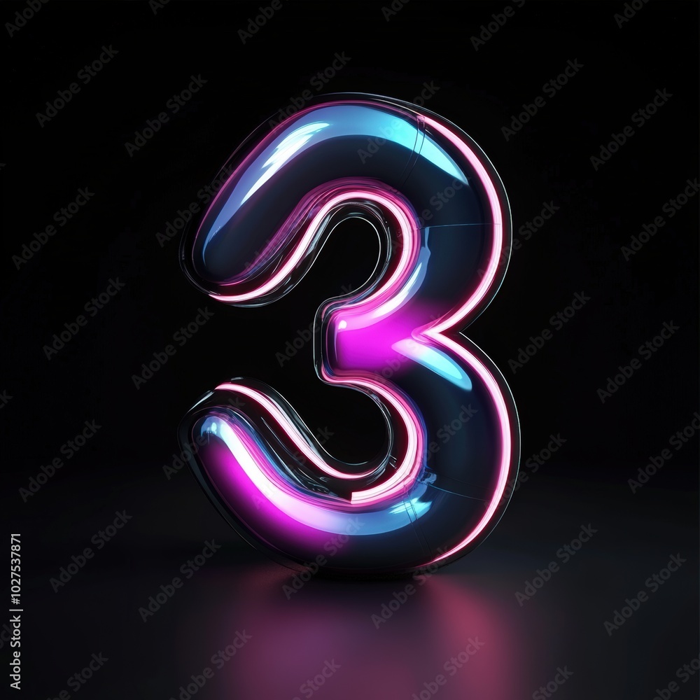 3D number 3 with neon texture realistic modern design, soft lighting, black background 3D number 3 with neon texture realistic modern design, soft lighting, black background