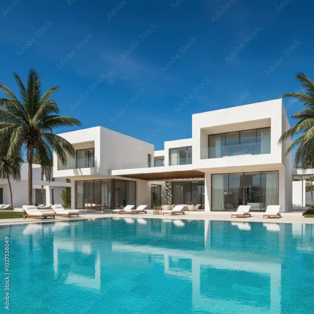 Fototapeta premium Exterior of amazing modern minimalist cubic villa with large swimming pool among palm trees. Created with generative Ai