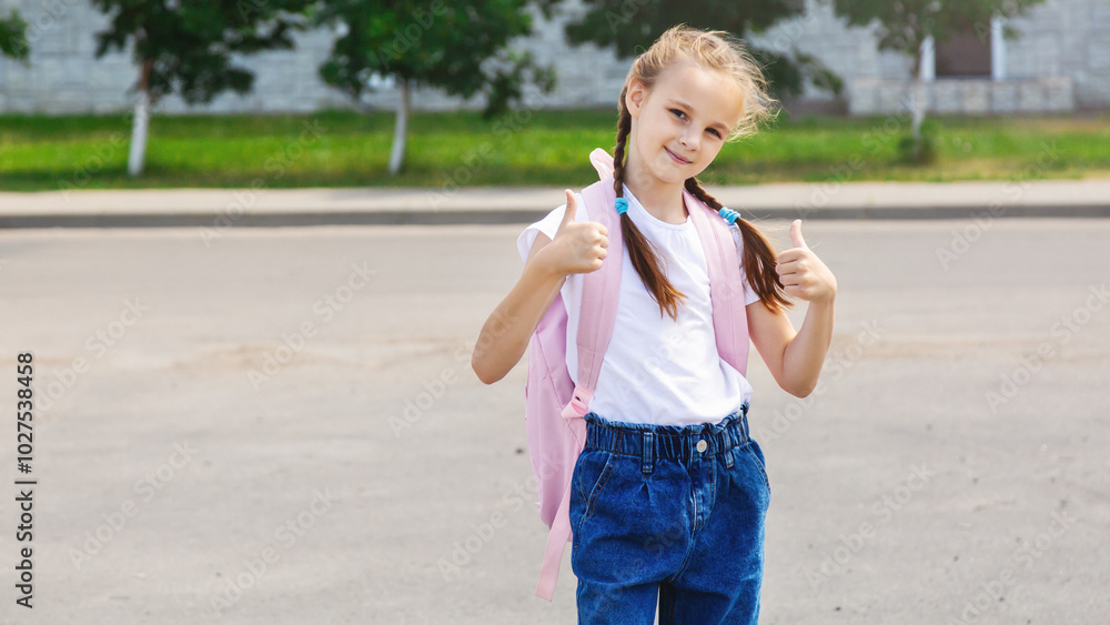 Little girl primary school student with backpack going to school. Back to school Little girl primary school student with backpack going to school. Back to school