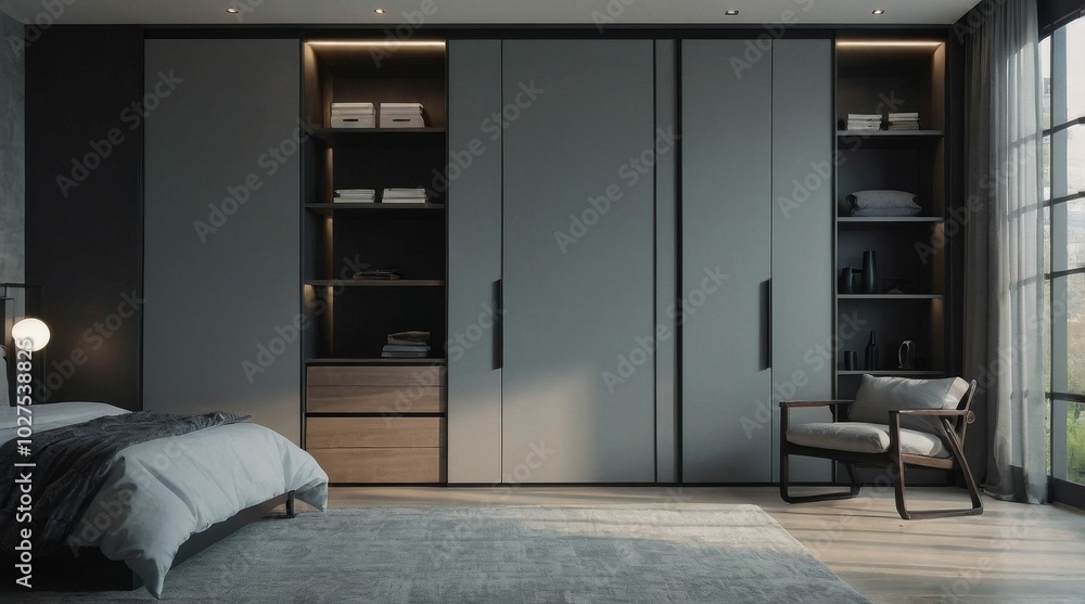 Grey wardrobe in minimalist style interior design of modern bedroom Grey wardrobe in minimalist style interior design of modern bedroom