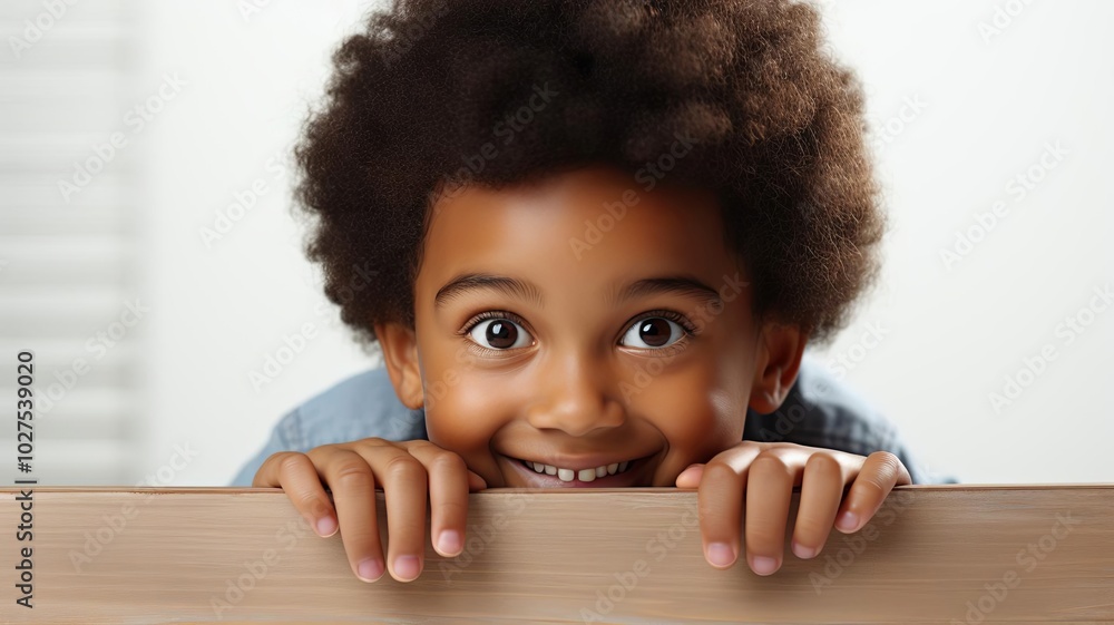 Fototapeta premium A young child with curly hair is smiling and looking at the camera