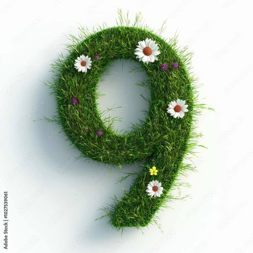 3D number 9 with grass with flowers texture realistic modern design, soft lighting, white background 3D number 9 with grass with flowers texture realistic modern design, soft lighting, white background