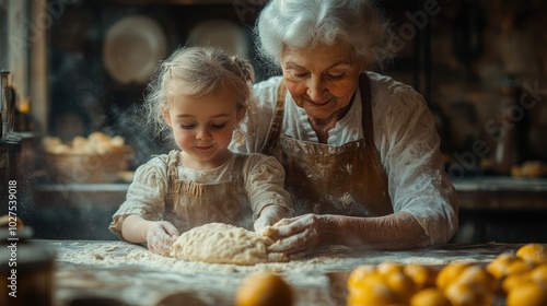 A heartwarming scene of an elderly woman and a young girl baking together, surrounded by flour and fresh ingredients, showcasing love and bonding through cooking.