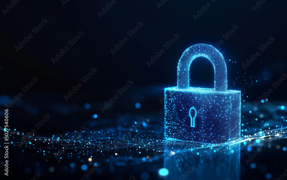 A lock made of glowing dots on a blue background, symbolizing data security and cyber protection with digital technology for network or website design.