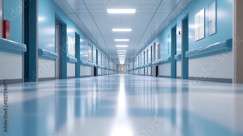 A clean, modern hospital corridor with bright lighting and blue walls, offering a perspective view down the empty hallway.