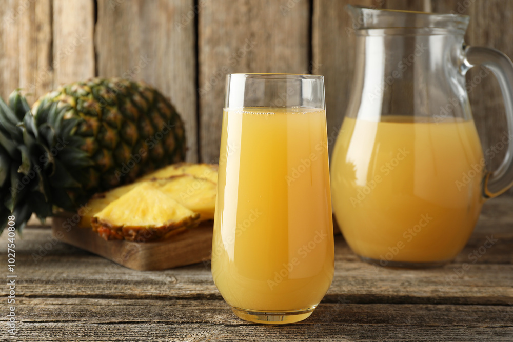 Tasty pineapple juice and fresh fruit on wooden table, closeup Tasty pineapple juice and fresh fruit on wooden table, closeup