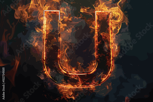 Letter U. Fire flames on black isolated background, realistick fire effect with sparks. Part of alphabet set