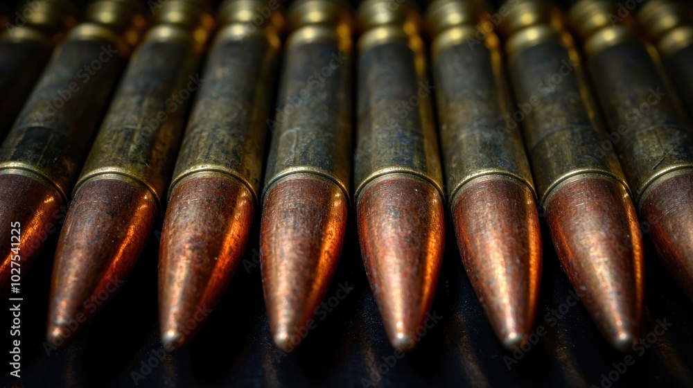 bullets neatly arranged in a line, capturing the cold, organized nature of weaponry bullets neatly arranged in a line, capturing the cold, organized nature of weaponry