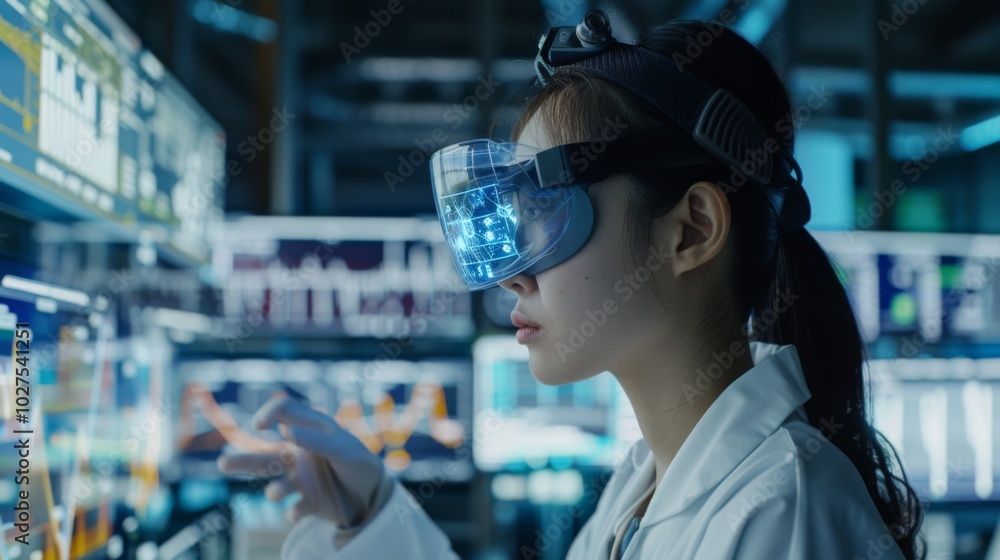 Young woman with VR glasses, interacting with a virtual globe in a digital environment Young woman with VR glasses, interacting with a virtual globe in a digital environment