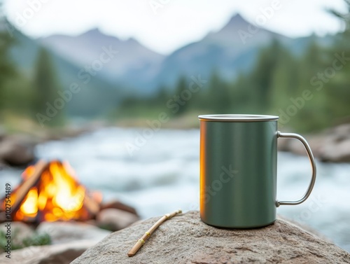 Metal mug on a rock by a flowing river, with a campfire and mountains in the background, space for logo placement, metal mug mockup camping, nature adventure