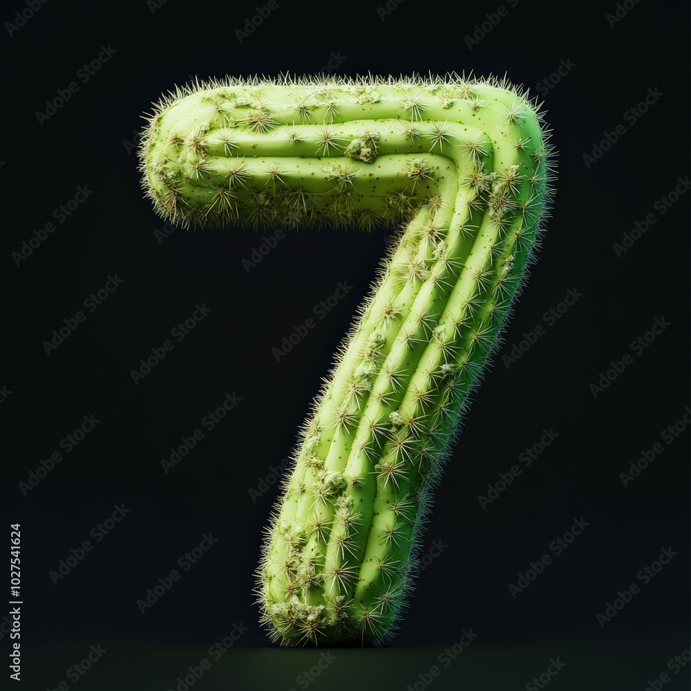 3D number 7 with cactus texture realistic modern design, soft lighting, black background 