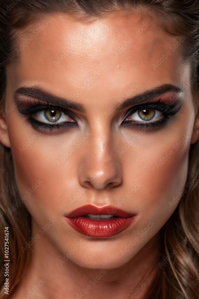 Bold and Intense Close-up Portrait of a Woman with Dramatic Makeup Bold and Intense Close-up Portrait of a Woman with Dramatic Makeup