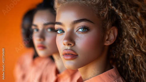 A group of young women in vibrant orange attire posing together in warm lighting with a focus on one model's unique features