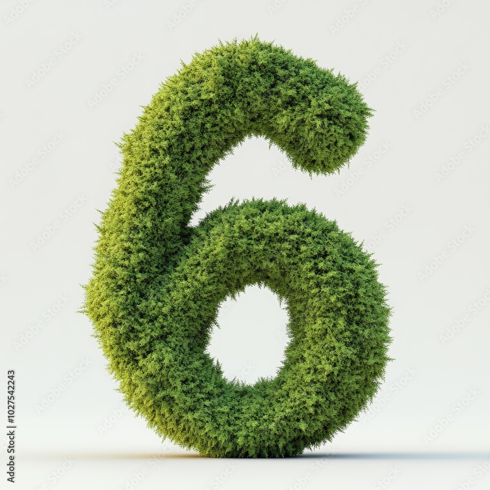 3D number 6 with moss texture realistic modern design, soft lighting, white background 3D number 6 with moss texture realistic modern design, soft lighting, white background