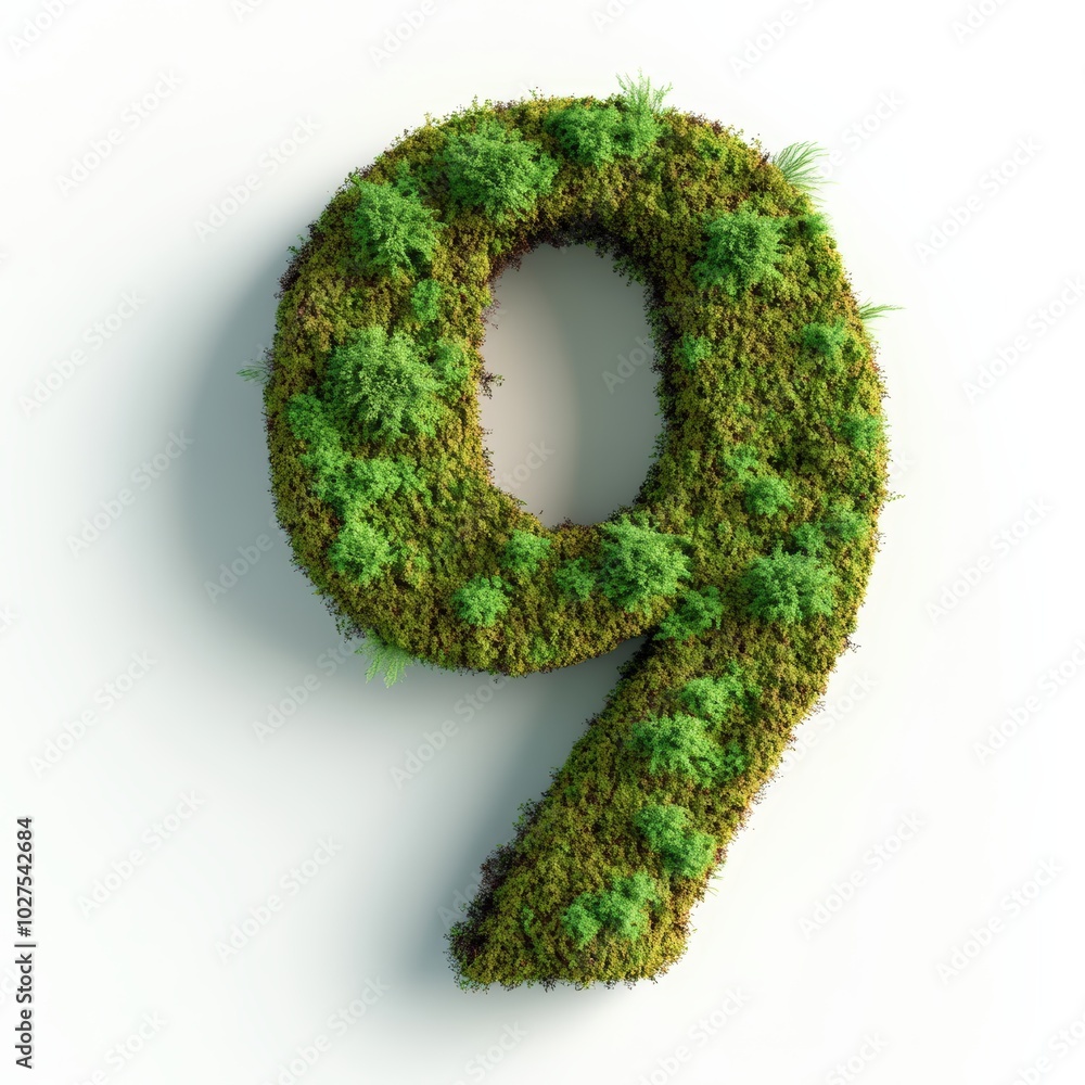 3D number 9 with moss texture realistic modern design, soft lighting, white background 3D number 9 with moss texture realistic modern design, soft lighting, white background