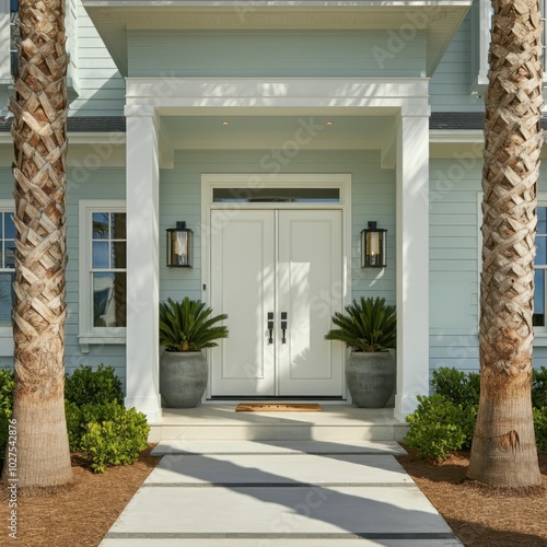 Main entrance door. White front door with porch. Exterior of georgian style home cottage house with columns.