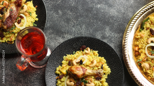 Arabian Menu, Kebuli Rice Served with red and orange drink. Top View.  photo