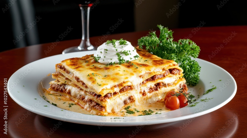 Gourmet frozen lasagna cut in layers, rich sauce, melted cheese, frost on edges Gourmet frozen lasagna cut in layers, rich sauce, melted cheese, frost on edges