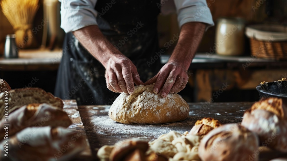 The male hands in flour and rustic organic loaf of bread. Neural network ai generated art The male hands in flour and rustic organic loaf of bread. Neural network ai generated art