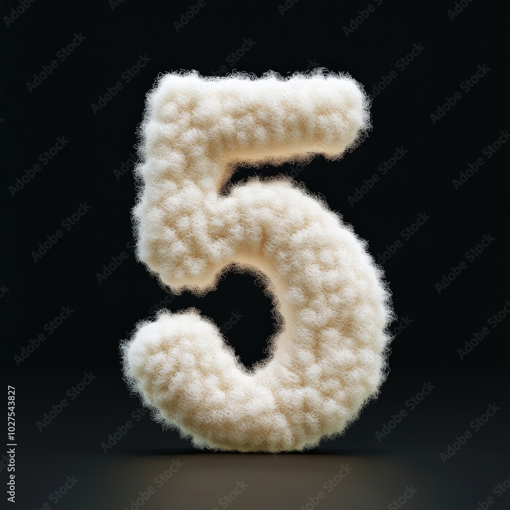 3D number 5 with cotton texture realistic modern design, soft lighting, black background 