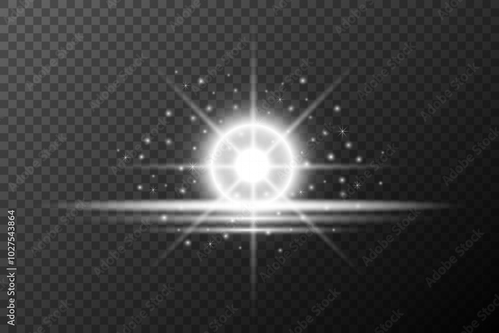 Light effect, Isolated white transparent flare explosion sparkle dust line solar flare spark star spotlight, vector special effect Light effect, Isolated white transparent flare explosion sparkle dust line solar flare spark star spotlight, vector special effect