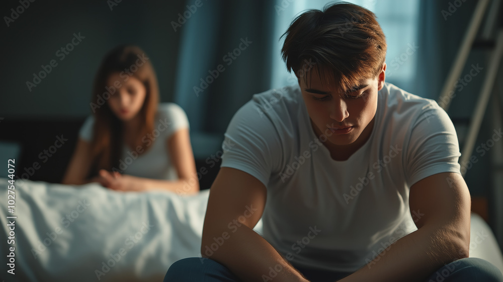 Sad Men Or Woman Sitting On The Edge Of The Couch, Shoulders Slumped And Head Lowered, Expressing Feelings Of Frustration, Financial Debt, Financial Burden, Taxes, Homeowner, Monthly Payment.