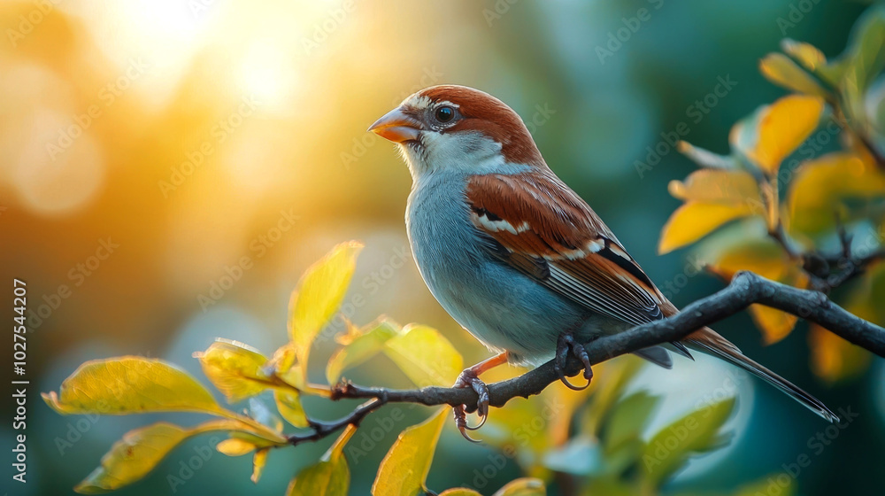 Fototapeta premium A small sparrow perched on a branch with soft sunlight shining through the leaves.