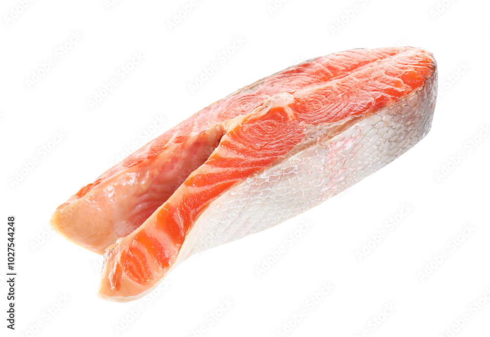 One fresh raw salmon steak isolated on white. Sea food One fresh raw salmon steak isolated on white. Sea food