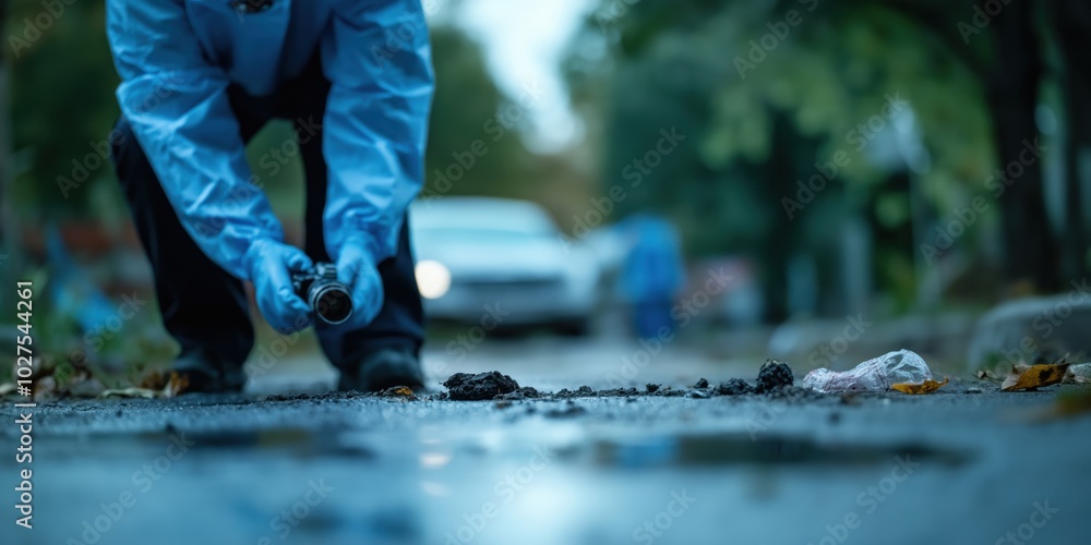 A forensic investigator in blue gloves closely examines evidence on a city street, capturing photos and documenting details under overcast skies near a parked car. A forensic investigator in blue gloves closely examines evidence on a city street, capturing photos and documenting details under overcast skies near a parked car.