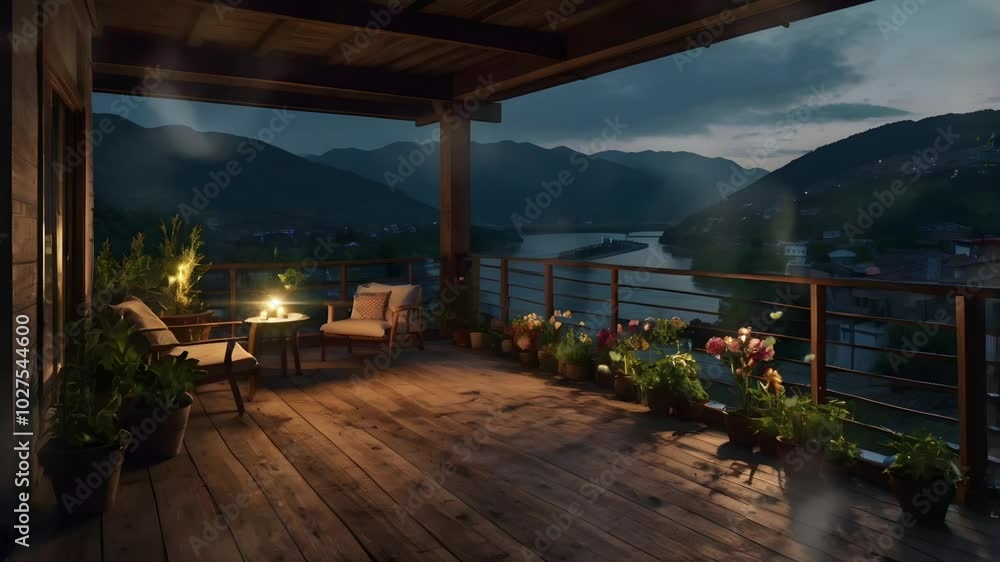 Wooden house terrace with river view from above. Seamless 4K looping timelapse video animation background Wooden house terrace with river view from above. Seamless 4K looping timelapse video animation background