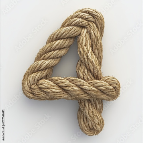 3D number 4 with rope texture realistic modern design, soft lighting, white background