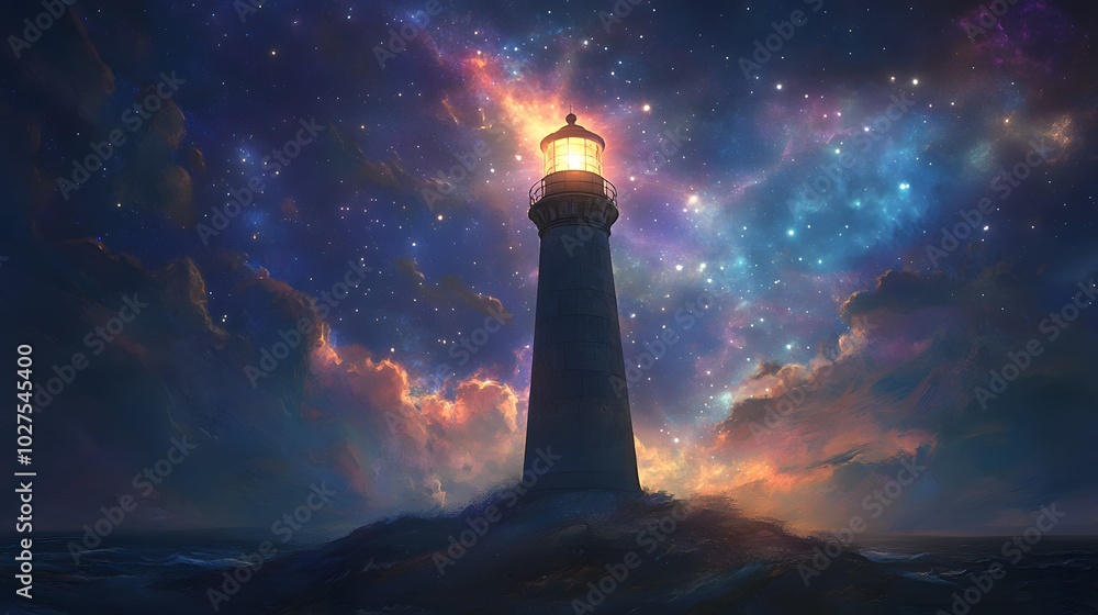 A solitary lighthouse stands tall against a backdrop of a starry sky and vibrant clouds. A solitary lighthouse stands tall against a backdrop of a starry sky and vibrant clouds.