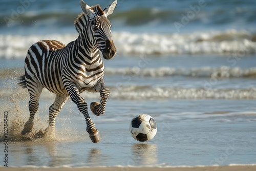A zebra running with full energy  chasing a soccer ball on the beach  its black and white stripes creating a striking image Zebra in motion  beach soccer  dynamic scene