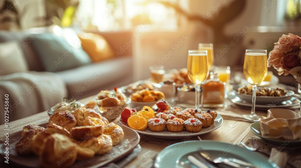 a cozy brunch setting with mimosas and pastries, inviting people to gather and celebrate a cozy brunch setting with mimosas and pastries, inviting people to gather and celebrate